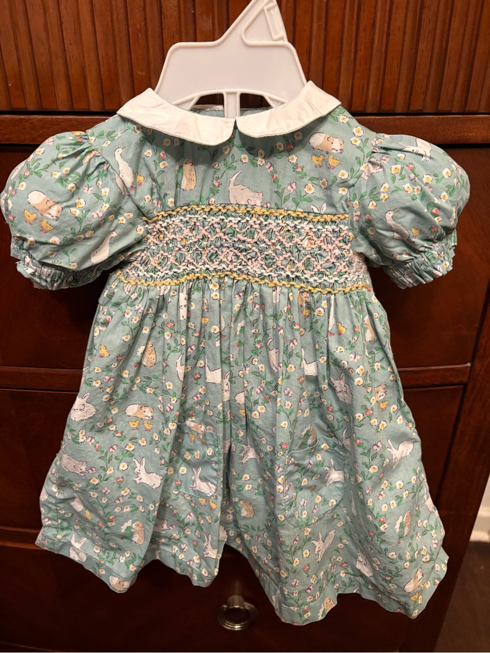 Baby Boden Mint Green Bunny Smocked Dress Set